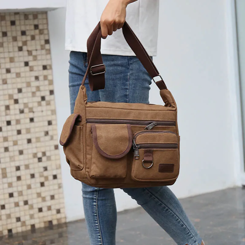 Canvas Multi-Pocket Retro Large Crossbody Bag