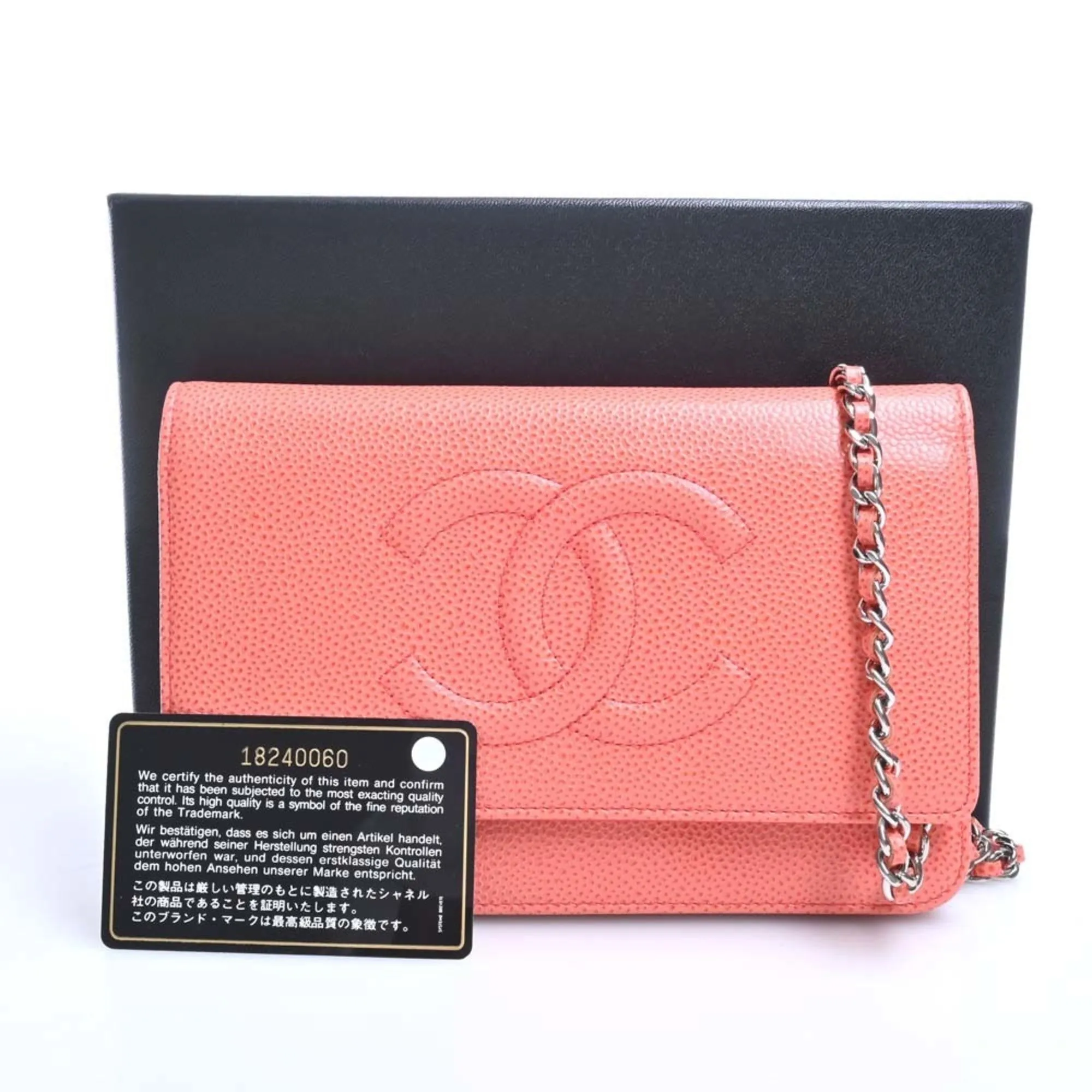 CHANEL Caviar Skin Coco Mark Chain Shoulder Long Wallet Orange Ladies