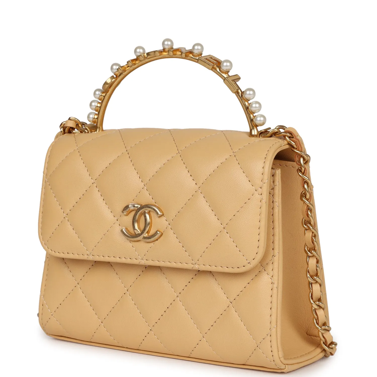 Chanel Clutch with Top Handle Beige Lambskin Antique Gold Hardware