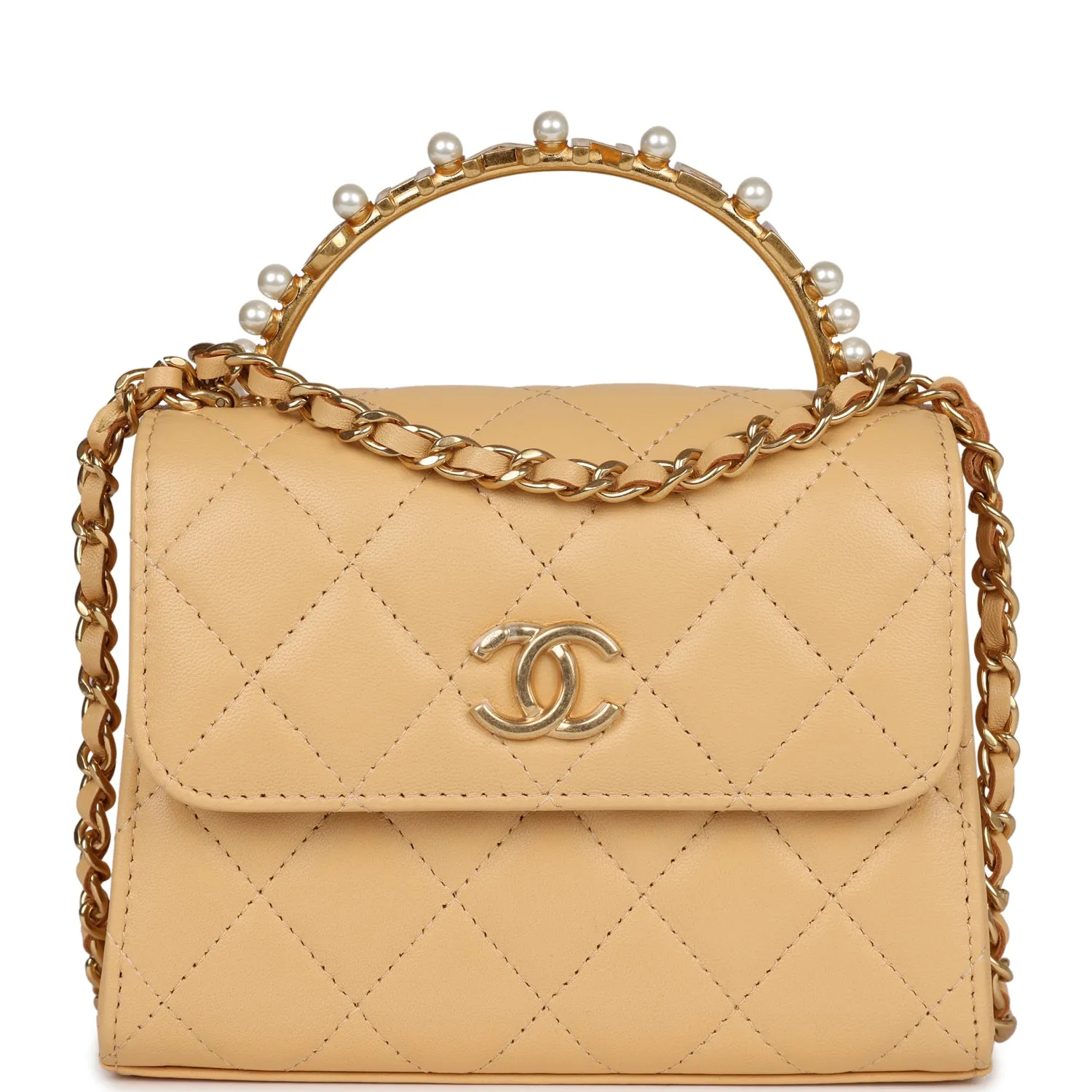 Chanel Clutch with Top Handle Beige Lambskin Antique Gold Hardware