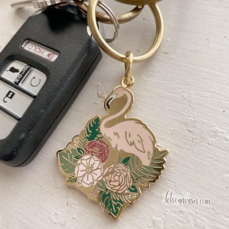 Flamingo Florals Hard Enamel Keychain