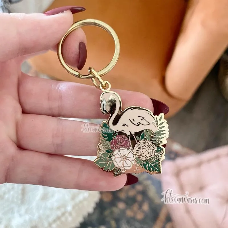 Flamingo Florals Hard Enamel Keychain