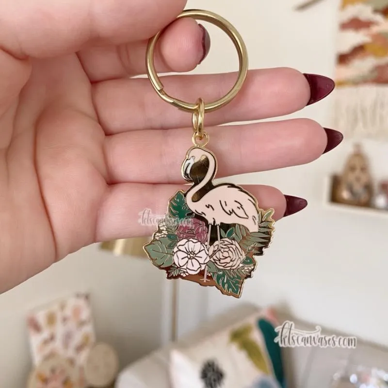 Flamingo Florals Hard Enamel Keychain