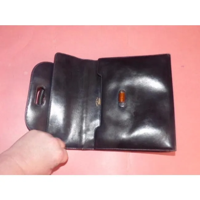 Gucci Vintage Black With Tortoise Shell Lucite And Gold Accents Leather Satchel