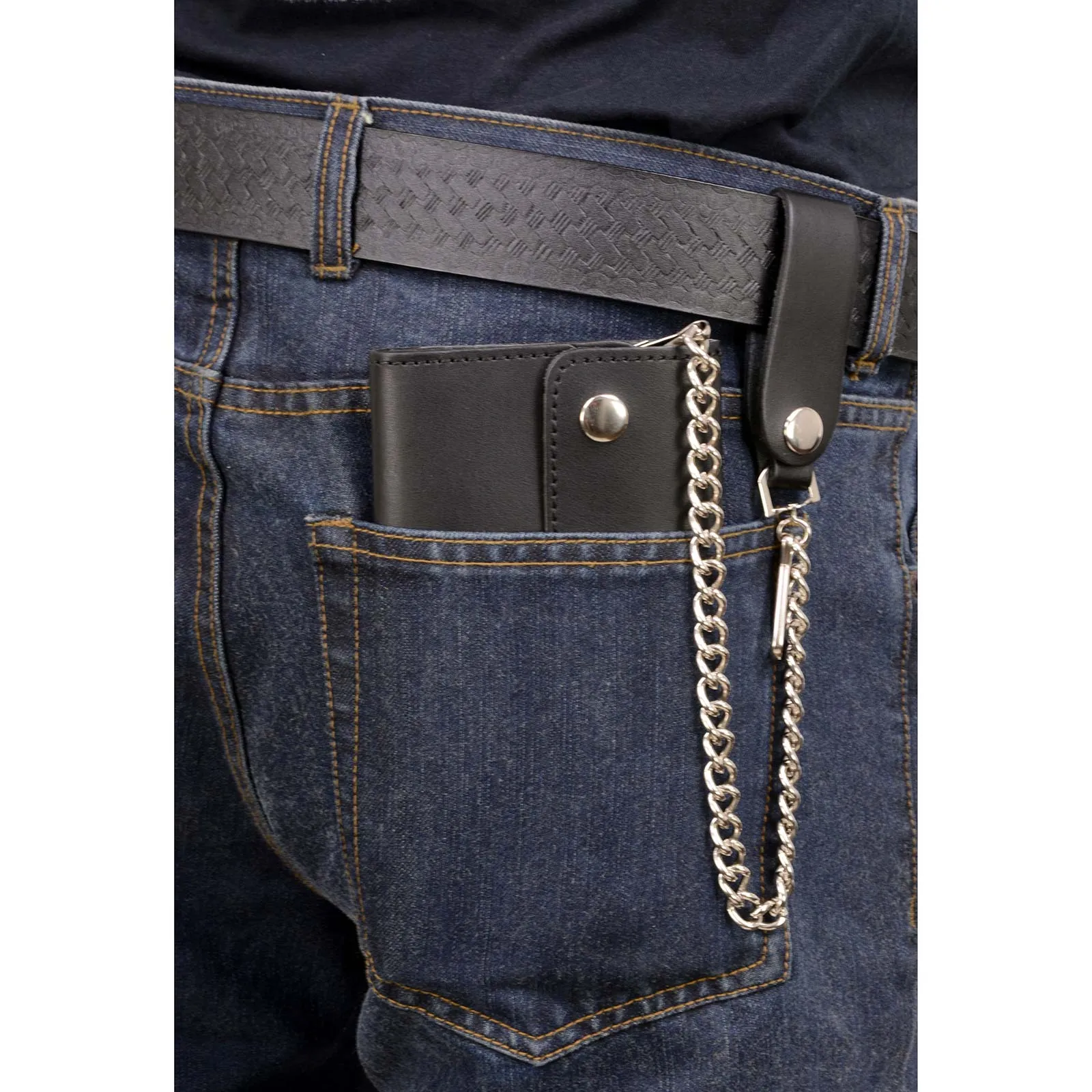 Milwaukee Leather MLW7811 Men's 8 Black Leather Biker Wallet - Bi-Fold w/ Anti-Theft Stainless Steel Chain