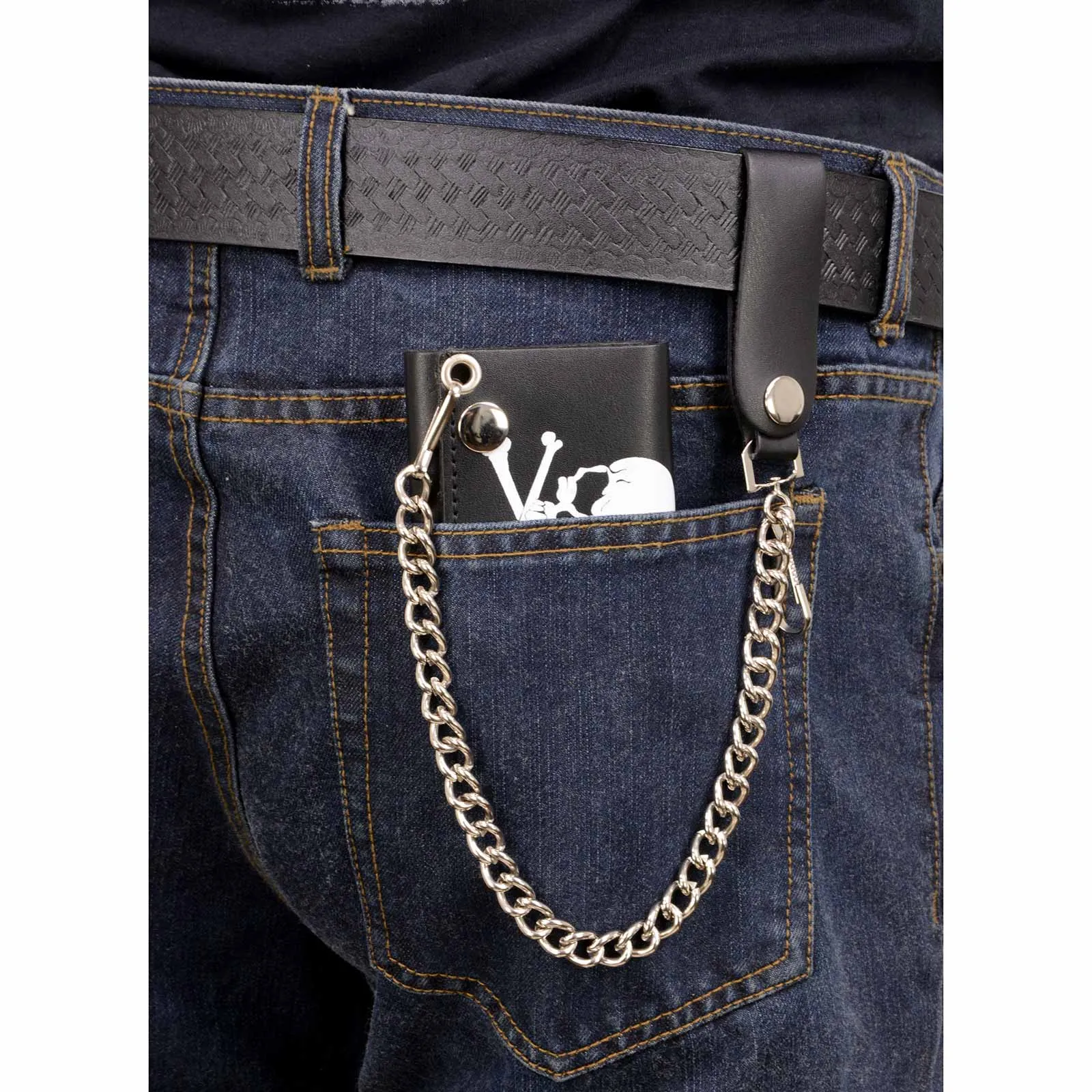 Milwaukee Leather MLW7835 Men's 4 Black Leather Biker Wallet w/ Skull Cross Bones -Tri-Fold Anti-Theft Stainless Steel Chain