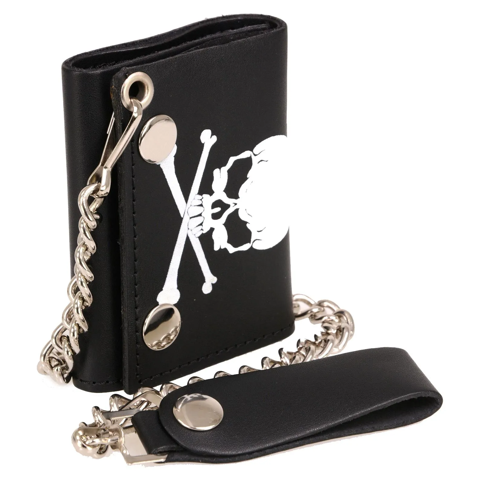 Milwaukee Leather MLW7835 Men's 4 Black Leather Biker Wallet w/ Skull Cross Bones -Tri-Fold Anti-Theft Stainless Steel Chain
