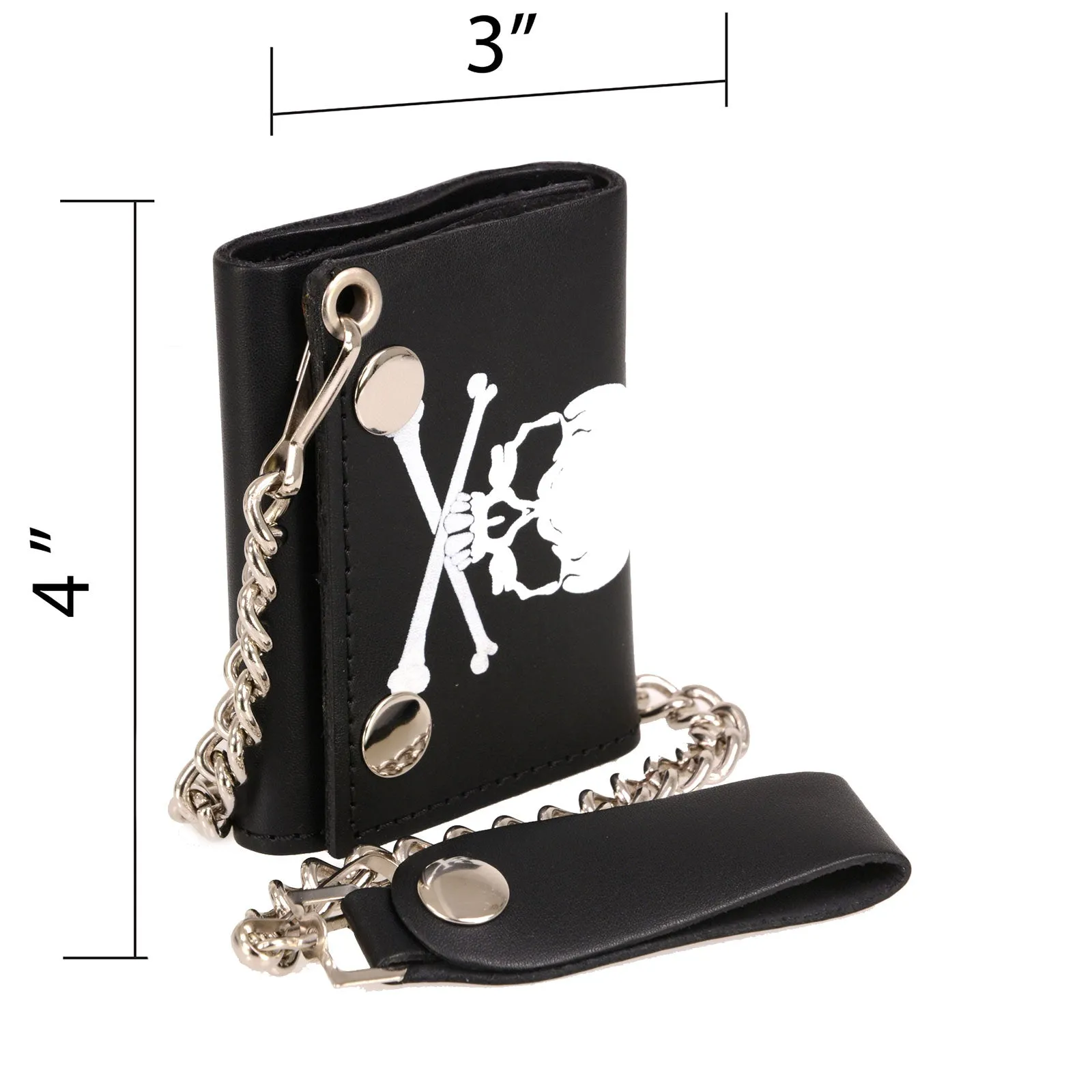 Milwaukee Leather MLW7835 Men's 4 Black Leather Biker Wallet w/ Skull Cross Bones -Tri-Fold Anti-Theft Stainless Steel Chain