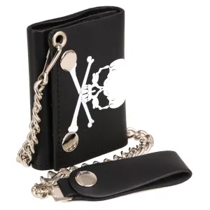 Milwaukee Leather MLW7835 Men's 4 Black Leather Biker Wallet w/ Skull Cross Bones -Tri-Fold Anti-Theft Stainless Steel Chain