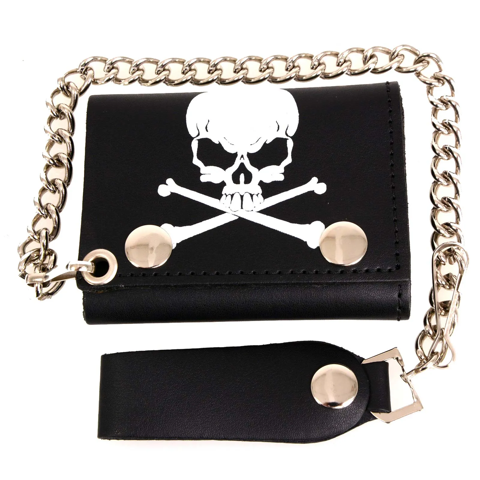 Milwaukee Leather MLW7835 Men's 4 Black Leather Biker Wallet w/ Skull Cross Bones -Tri-Fold Anti-Theft Stainless Steel Chain