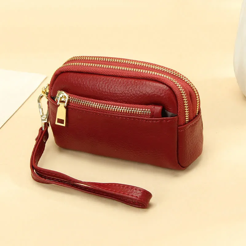 Multi-Pocket Genuine Leather Small Wallet Coin Purse with Wrist Strap