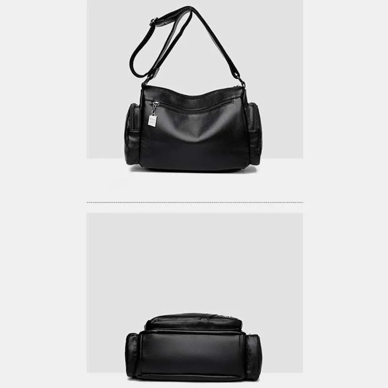 Multi-Pocket Leather Crossbody Bag Large Capacity Satchel Daypack Shoulder Bag