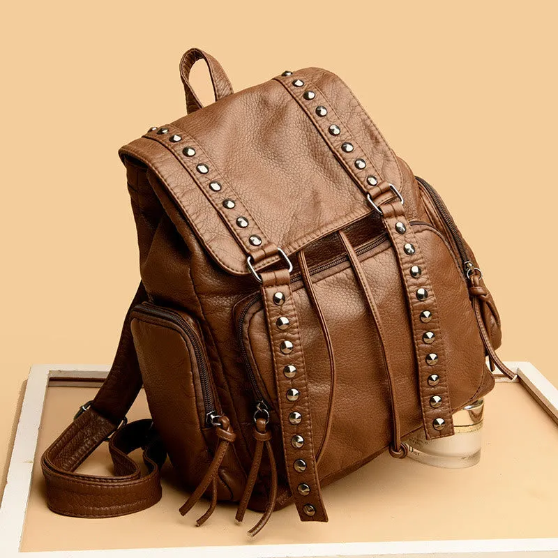 Rivet Backpack For Women Travel Soft Plain Color Leather Daypack