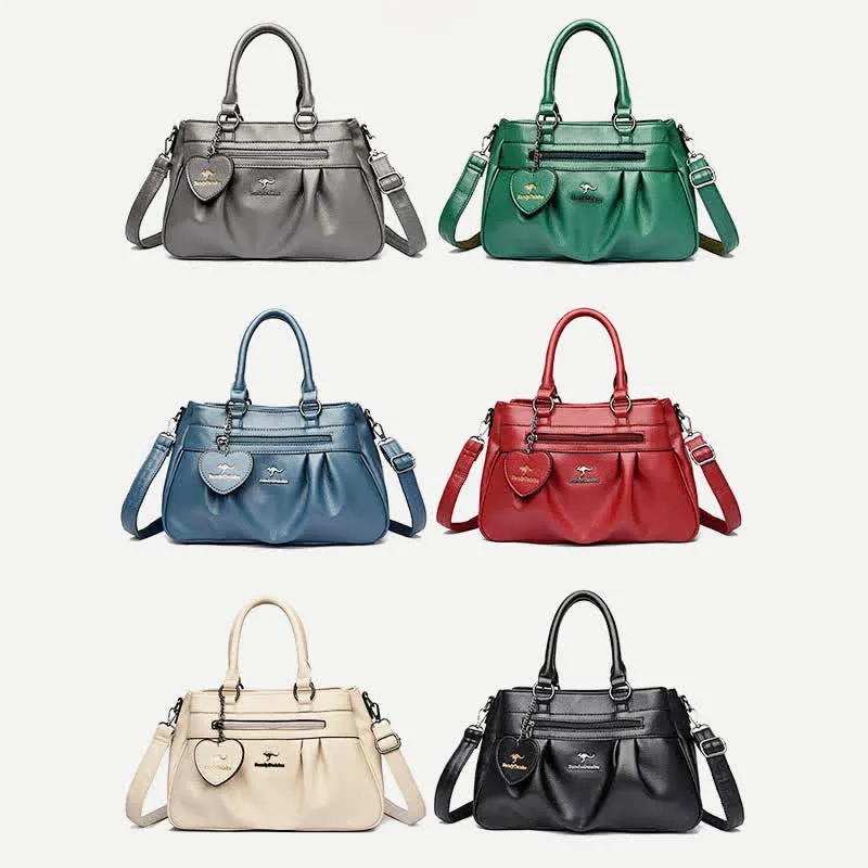 Triple Compartment Handbag Top-Handle Satchel PU Leather Crossbody Purse