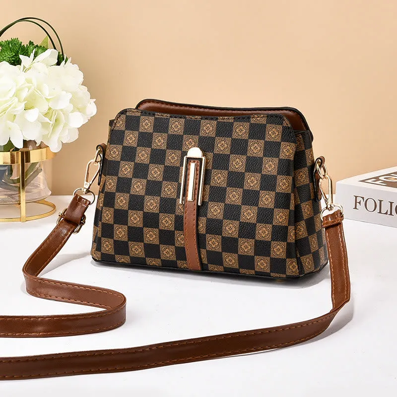 Triple Compartment Plaid Satchel Women Leather Chic Crossbody Bag