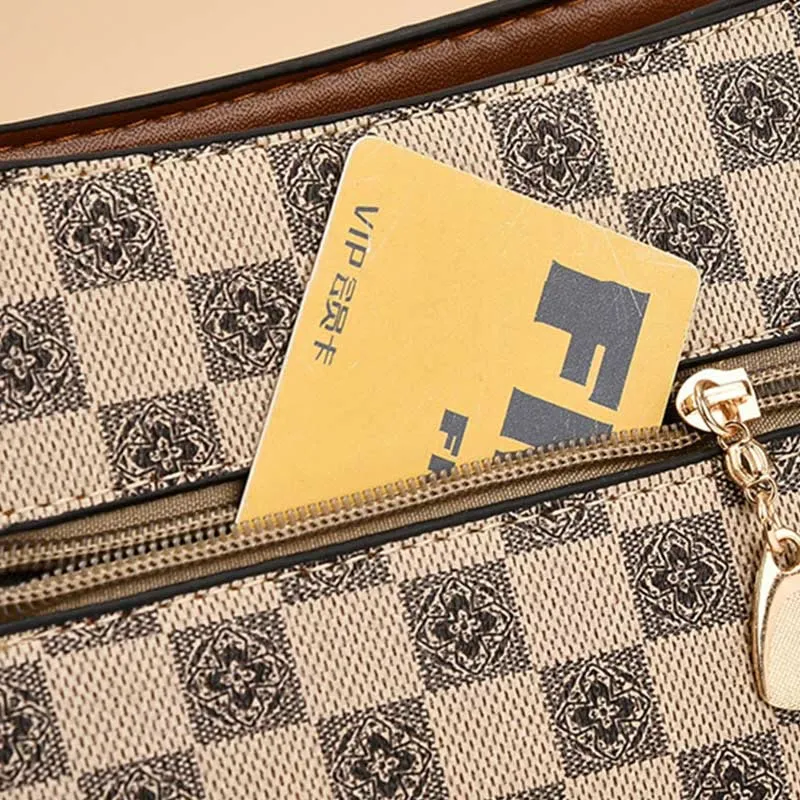 Triple Compartment Plaid Satchel Women Leather Chic Crossbody Bag