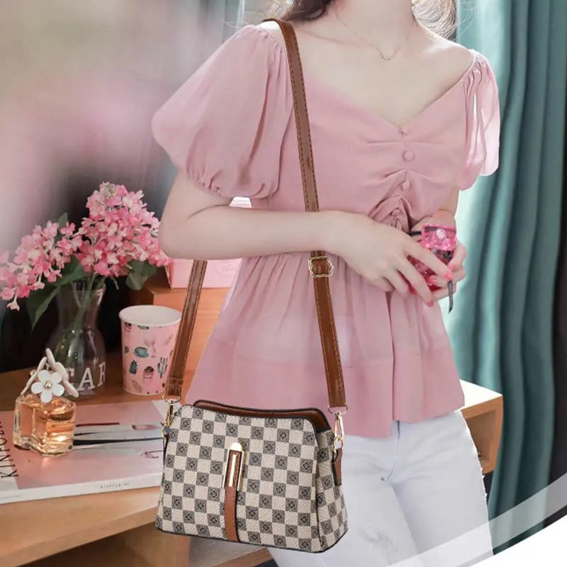 Triple Compartment Plaid Satchel Women Leather Chic Crossbody Bag