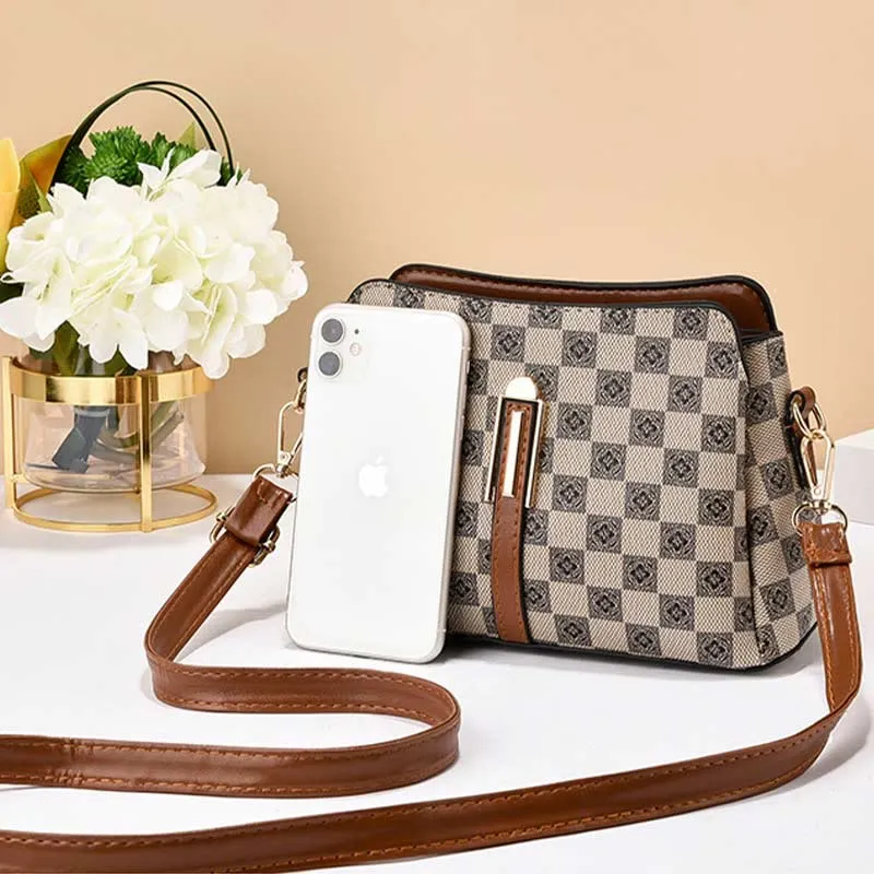 Triple Compartment Plaid Satchel Women Leather Chic Crossbody Bag