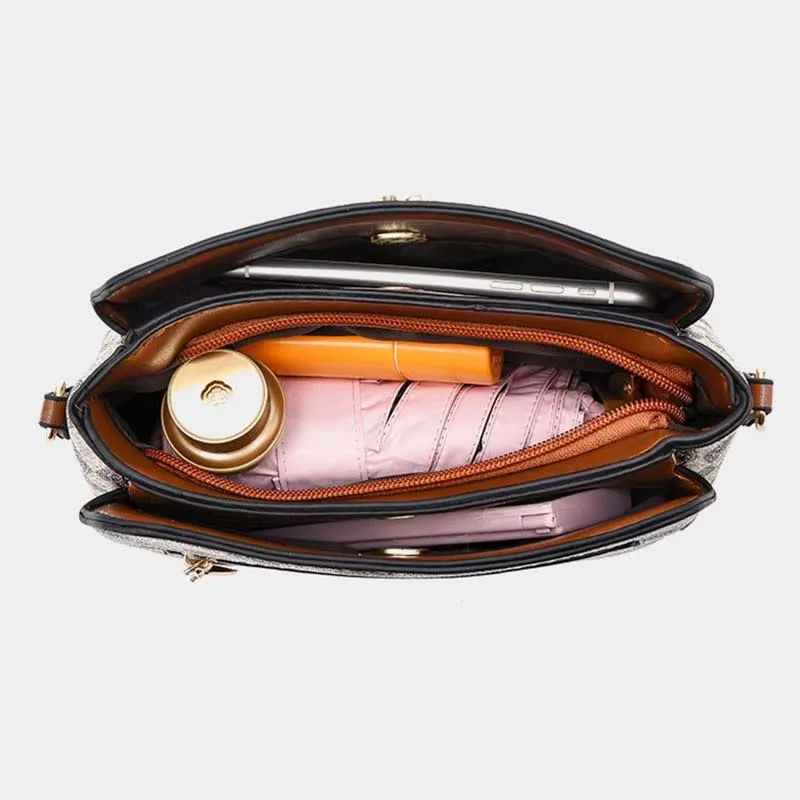 Triple Compartment Plaid Satchel Women Leather Chic Crossbody Bag
