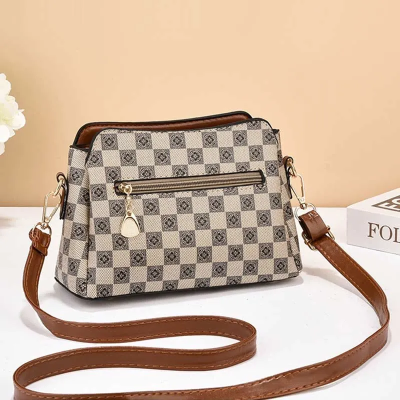 Triple Compartment Plaid Satchel Women Leather Chic Crossbody Bag