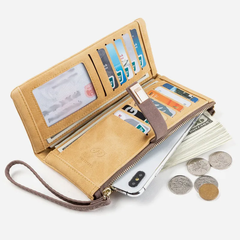 Triple Fold Long Clutch For Women Vintage Frosted Leather Wallet