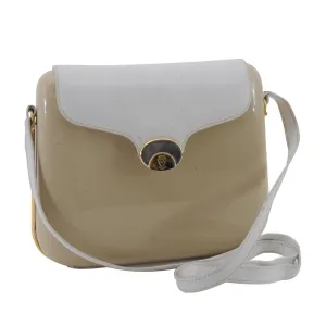Vintage Gucci beige Lucite boxy, hard, clam shell style cross body/shoulder purse with a white leather flap top and gold horse-bit accents