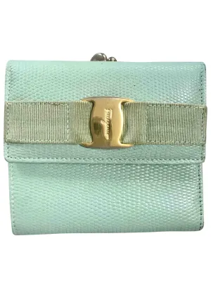 Vintage Salvatore Ferragamo blue lizard embossed leather wallet with gold tone vara motif. 05063012