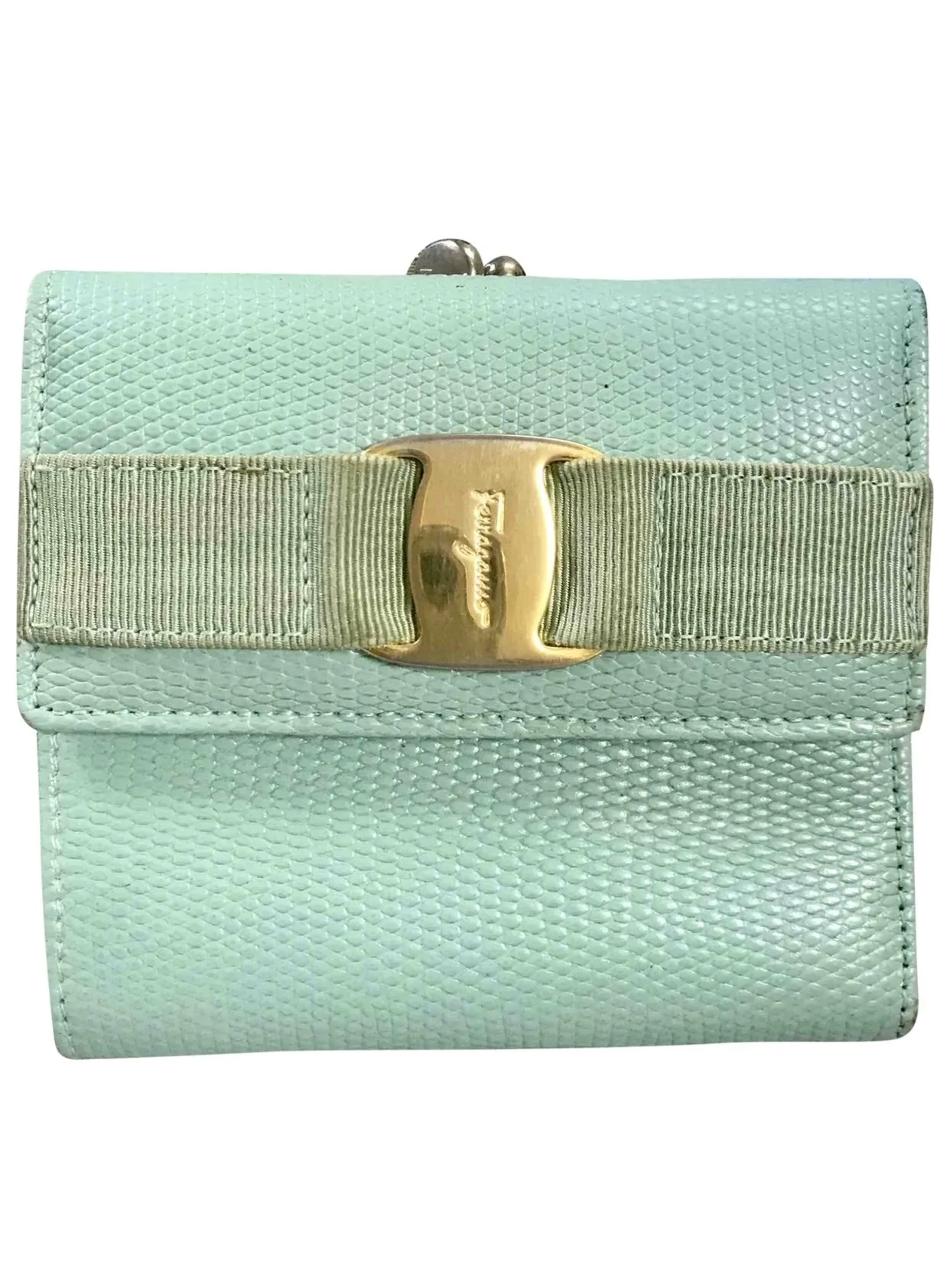 Vintage Salvatore Ferragamo blue lizard embossed leather wallet with gold tone vara motif. 05063012