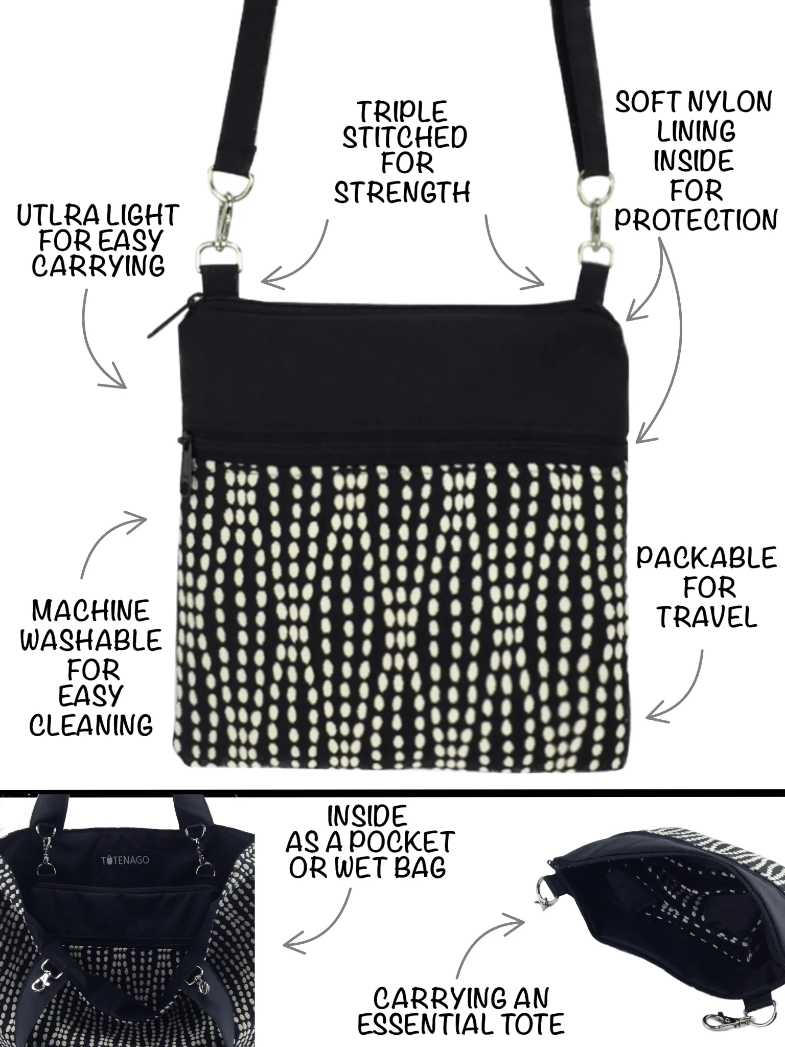 Wavy Dots in Yellow | Black Nylon | Tote Bag Set