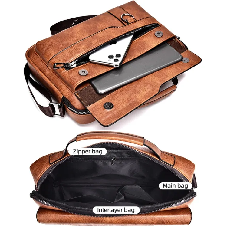 WEIXIER Men Shoulder Bag Retro Leather Laptop Business Casual Bag(Horizontal Light Brown)