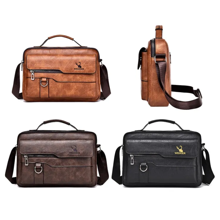 WEIXIER Men Shoulder Bag Retro Leather Laptop Business Casual Bag(Horizontal Light Brown)