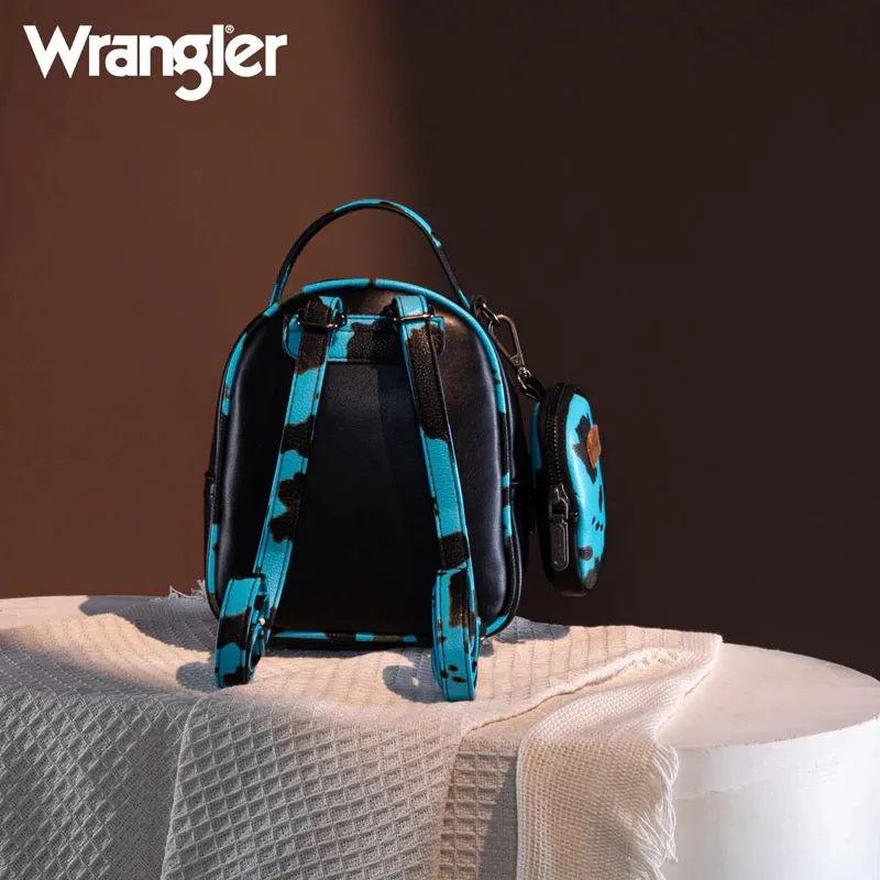 Wrangler Mini Cow Print Accented Backpack – Stylish and Compact Faux Leather Bag with Detachable Coin Purse