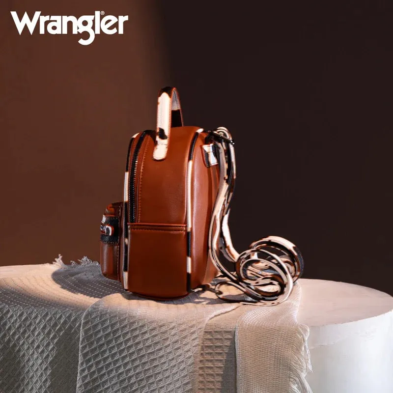 Wrangler Mini Cow Print Accented Backpack – Stylish and Compact Faux Leather Bag with Detachable Coin Purse